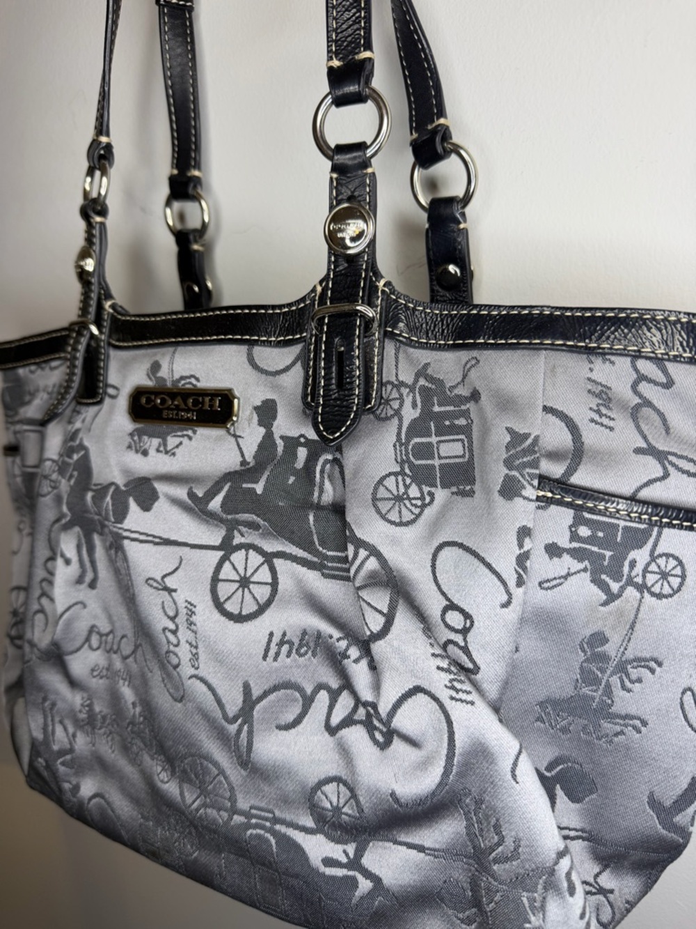 Vintage Coach Horse & Carriage Print Tote Gray Black Canvas Shoulder Bag - Picture 2 of 9